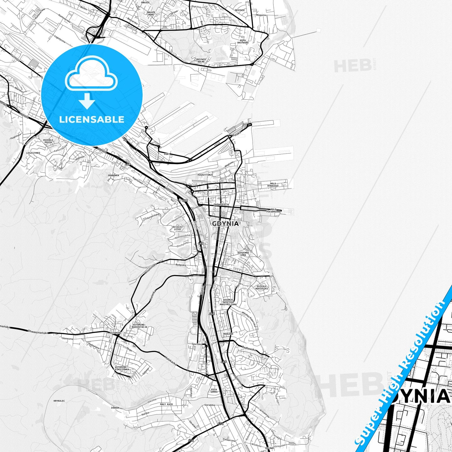 Gdynia, Poland Light Map with Street Names, City Names, and Districts