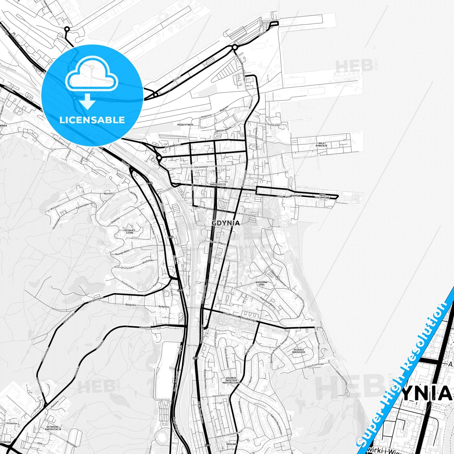 Gdynia, Poland Light Map with Street Names, City Names, and Districts