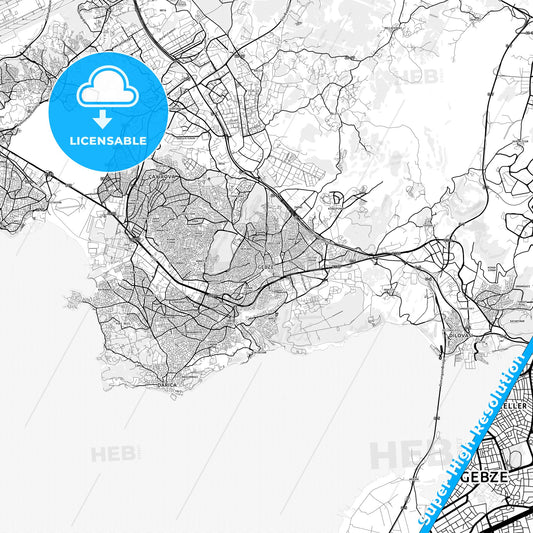 Gebze, Turkey light map with streetnames, citynames and districts