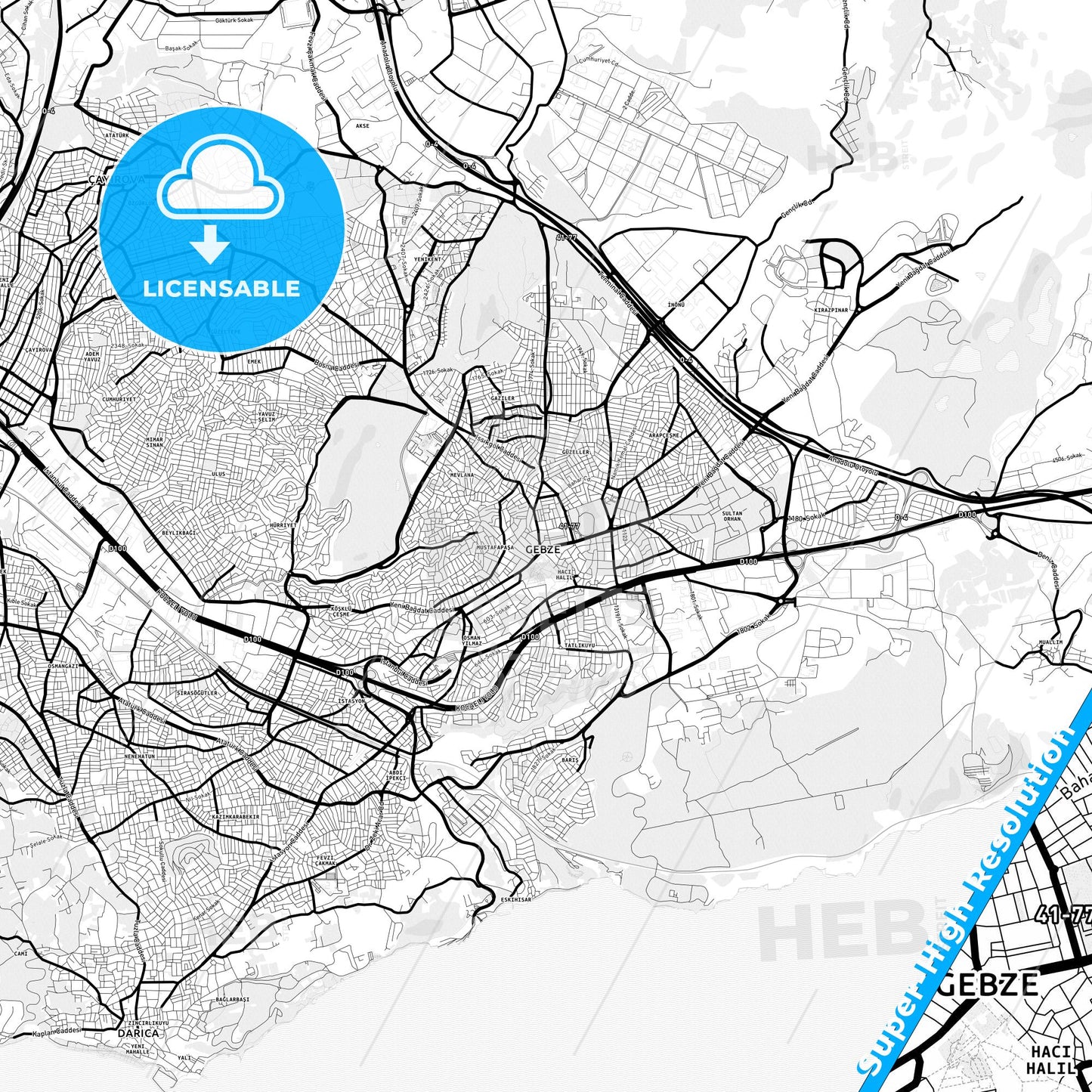 Gebze, Turkey Light Map with Street Names, City Names, and Districts
