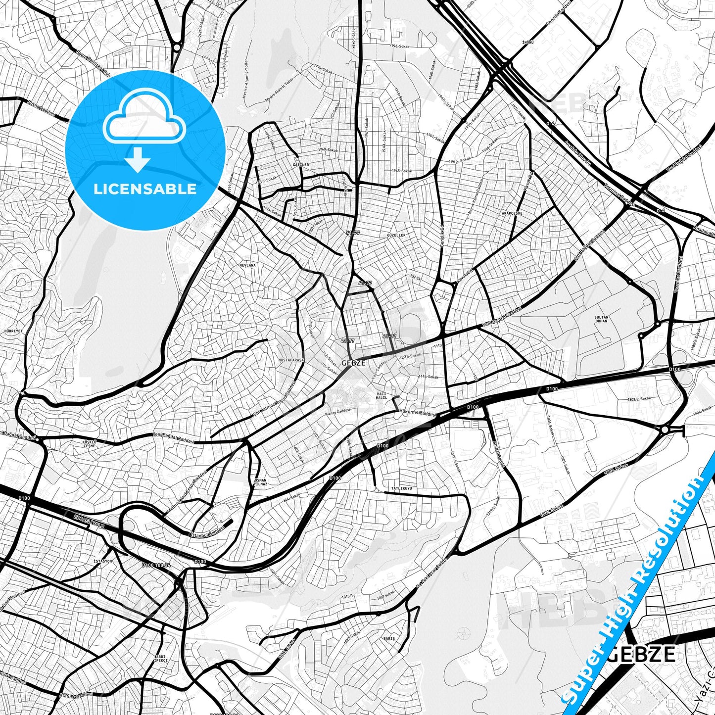Gebze, Turkey Light Map with Street Names, City Names, and Districts