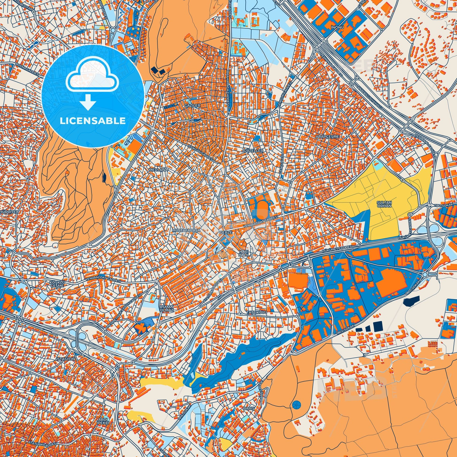 Colorful Gebze Street Map with Labels and Buildings