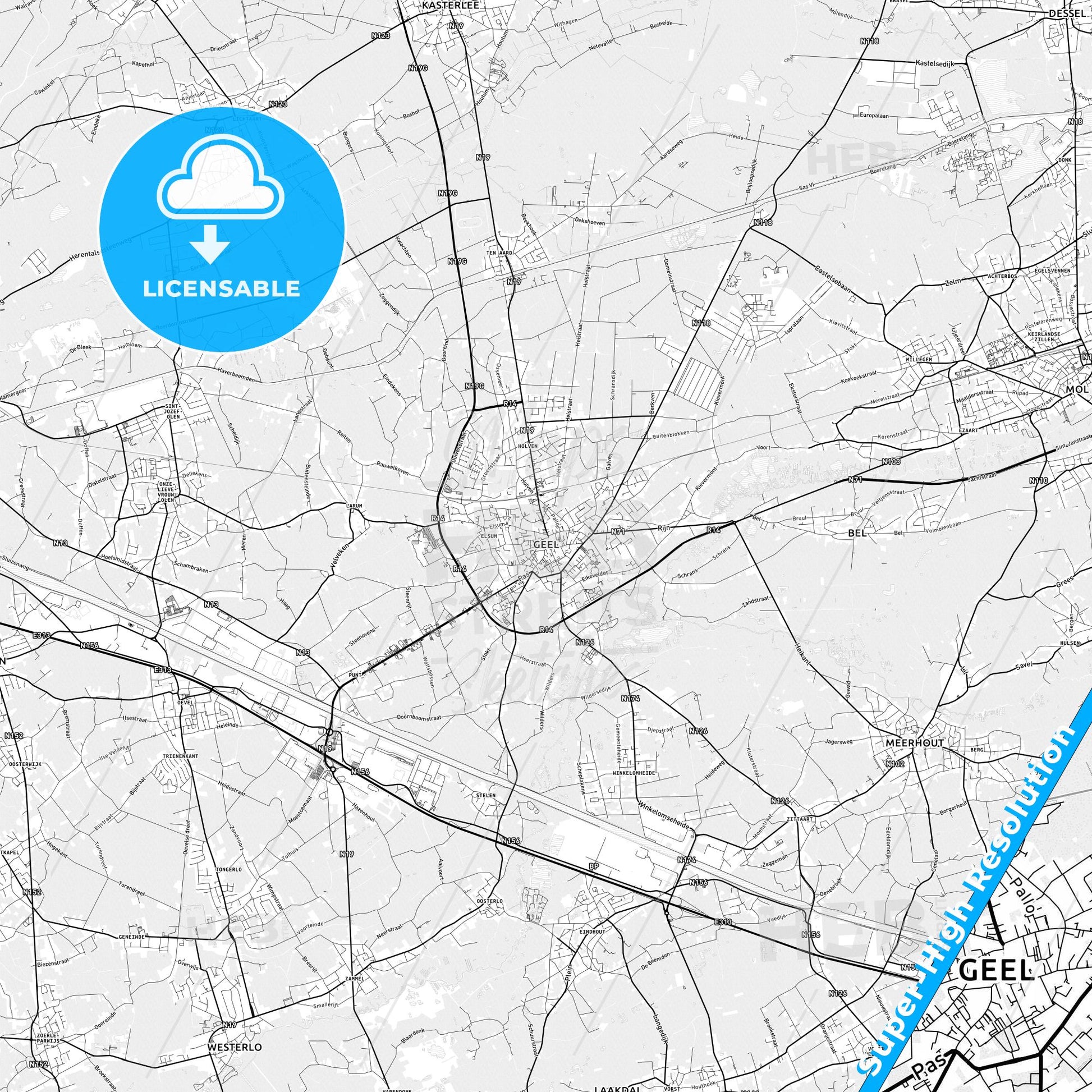 Geel, Belgium light map with streetnames, citynames and districts