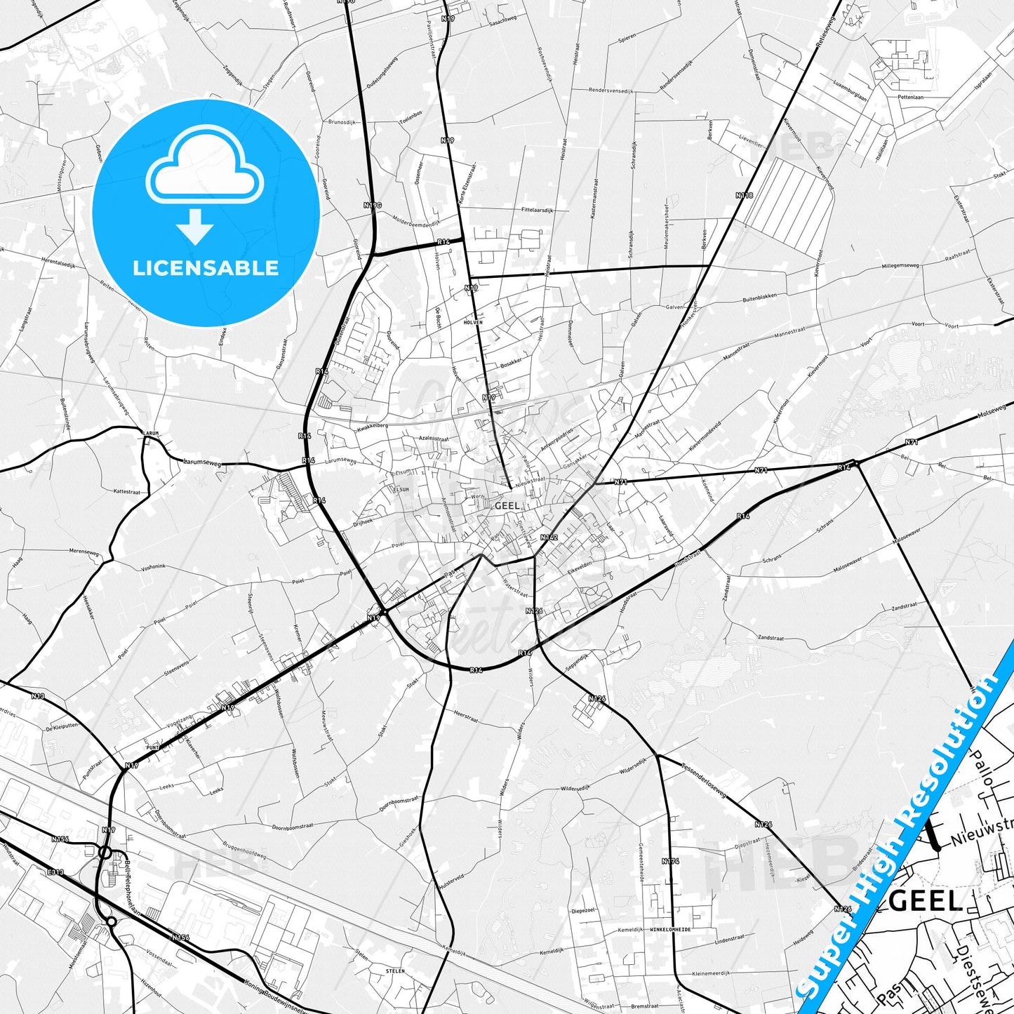 Geel, Belgium Light Map with Street Names, City Names, and Districts