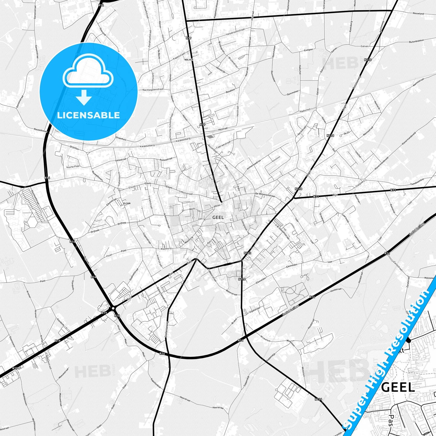 Geel, Belgium Light Map with Street Names, City Names, and Districts