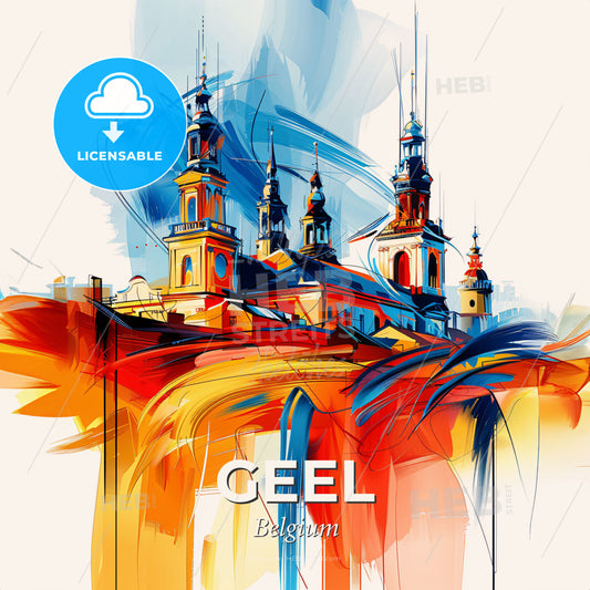 Vibrant Geel, Belgium - A Painting Of A Building With Towers And A Waterfall - Square format print template