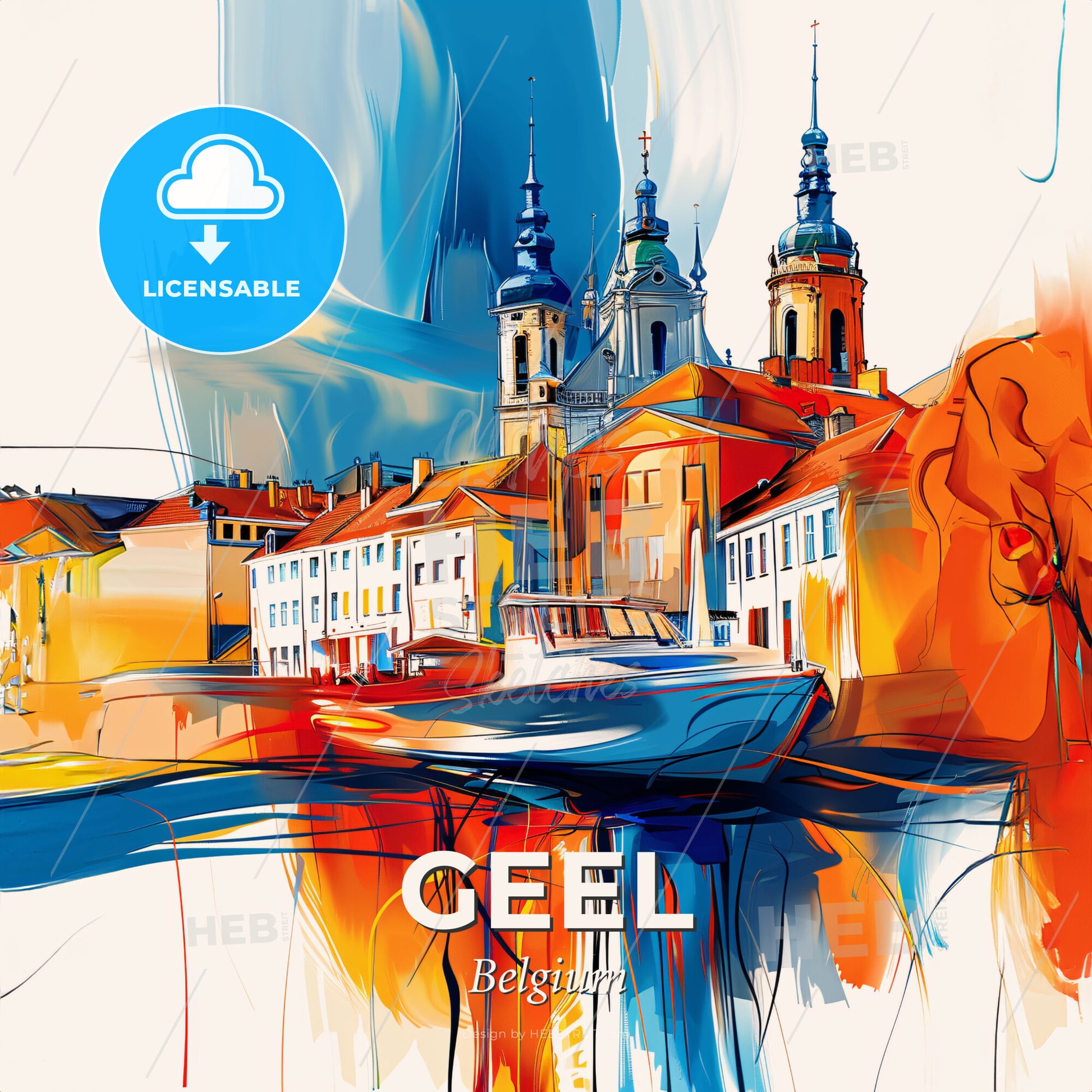 Vibrant Geel, Belgium - A Painting Of A City With A Boat - Square format print template