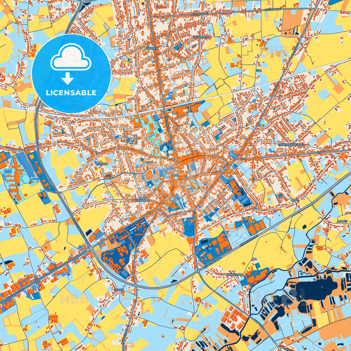 Colorful Geel Street Map with Labels and Buildings