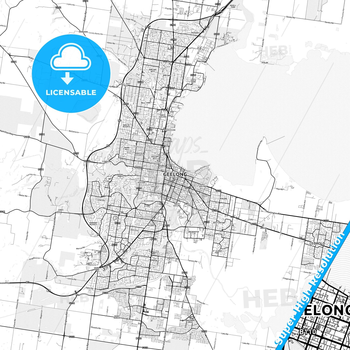 Geelong, Australia light map with streetnames, citynames and districts