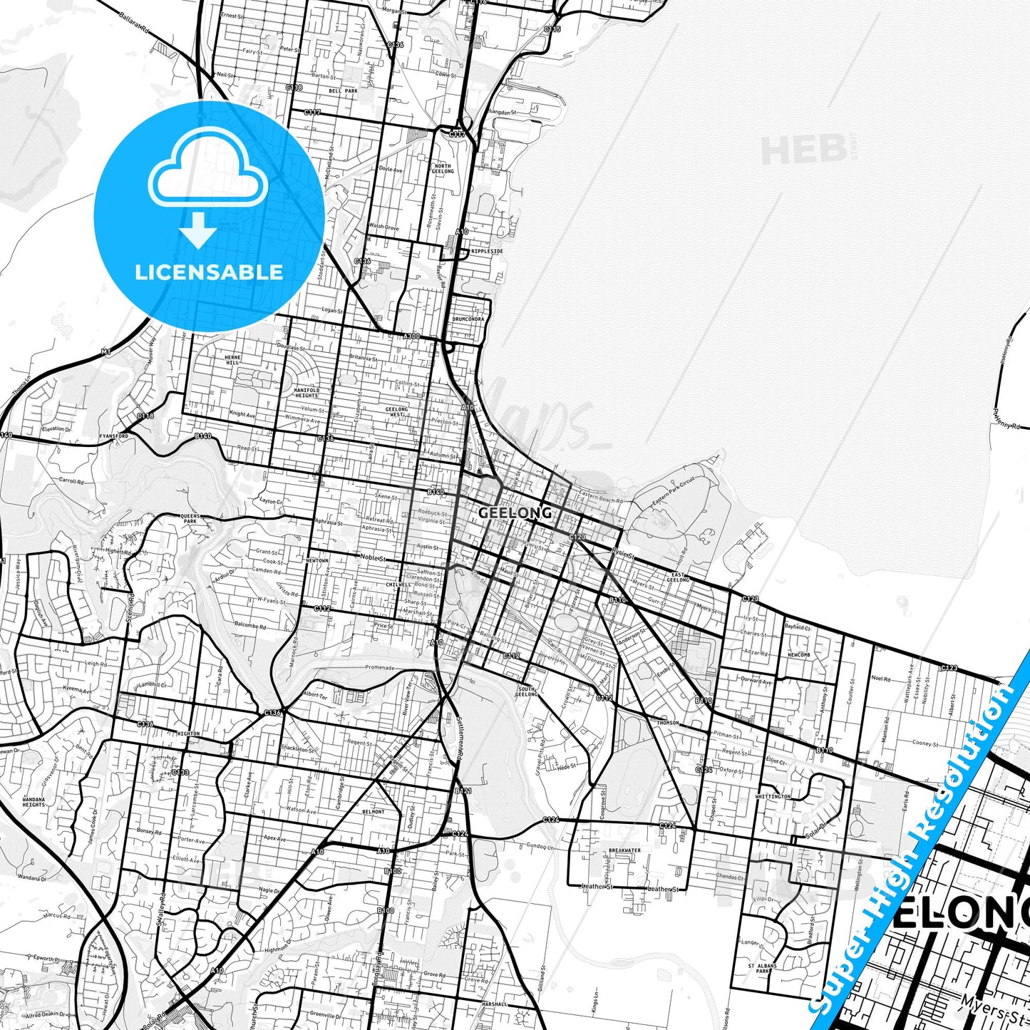 Geelong, Australia Light Map with Street Names, City Names, and Districts