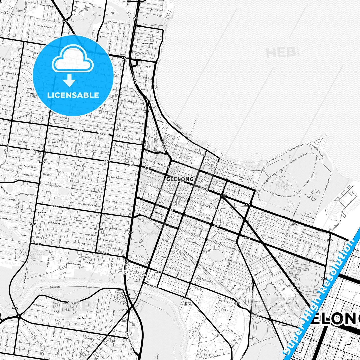 Geelong, Australia Light Map with Street Names, City Names, and Districts
