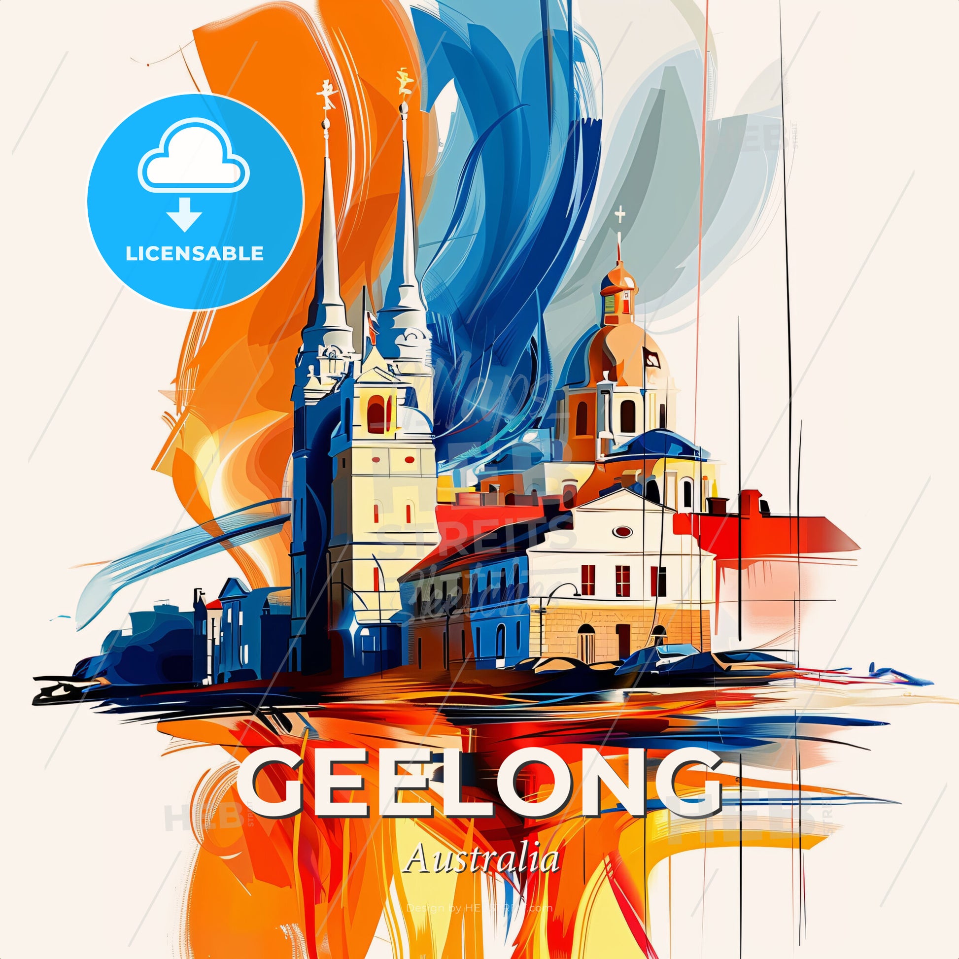 Vibrant Geelong, Australia - A Painting Of A Building With Towers And A Colorful Background - Square format print template