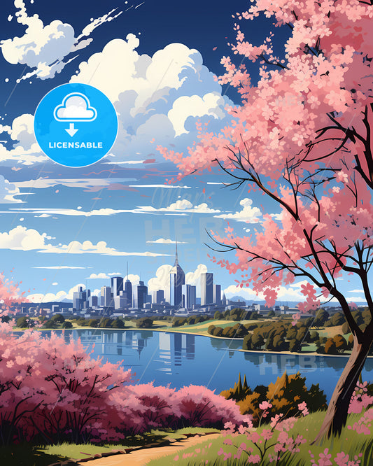 Striking Cityscape Painting of Geelong Skyline with Pink Blossoms by Water