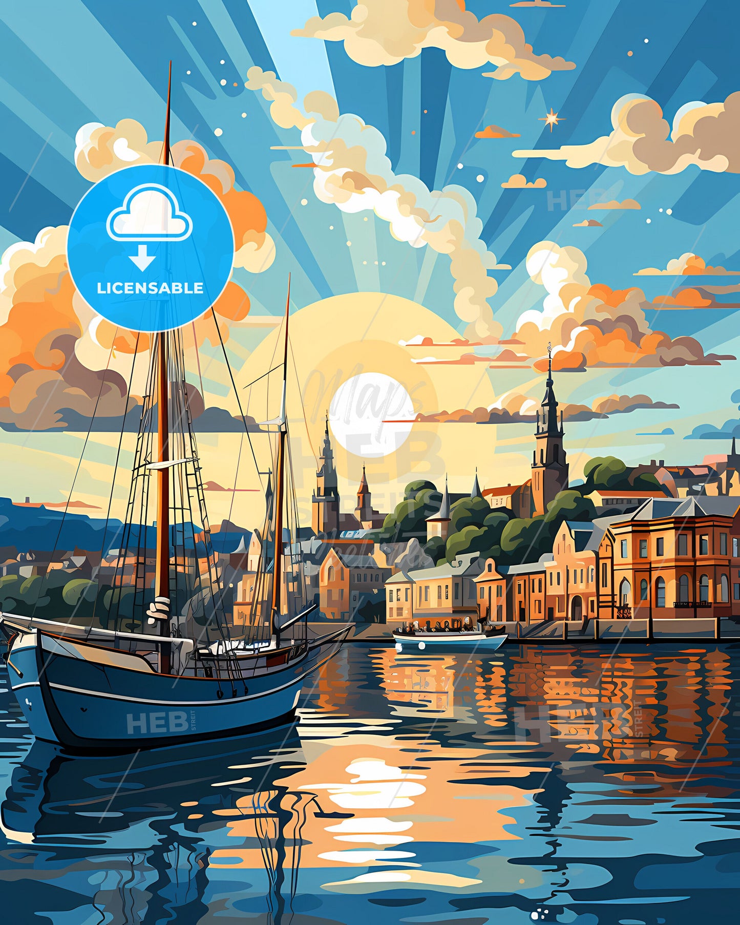 Geelong Australia Skyline: Vibrant Cityscape Painting with Boat in Water