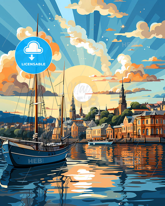 Geelong Australia Skyline: Vibrant Cityscape Painting with Boat in Water