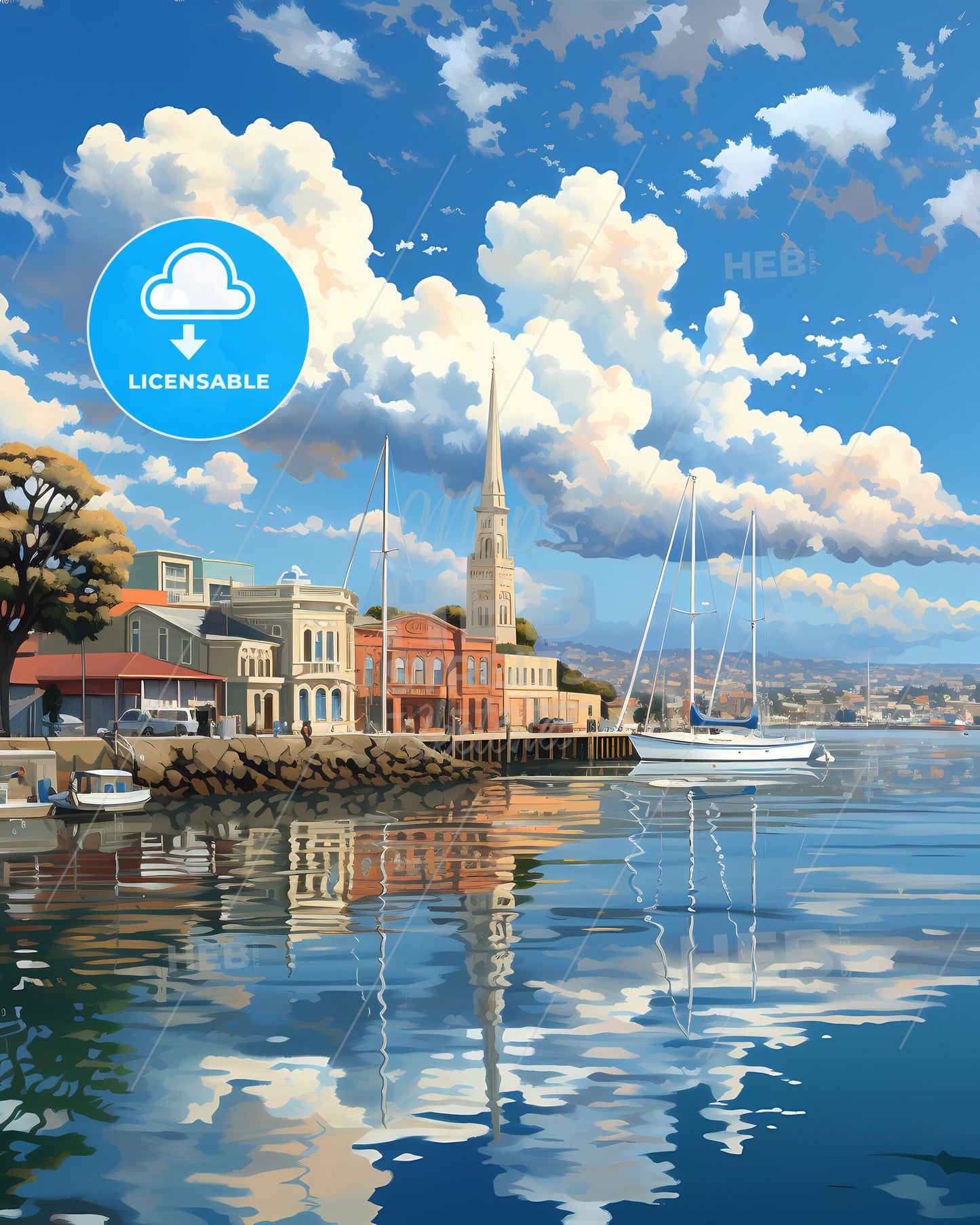 Geelong Cityscape Painting: Vibrant Waterfront with Boats and Buildings