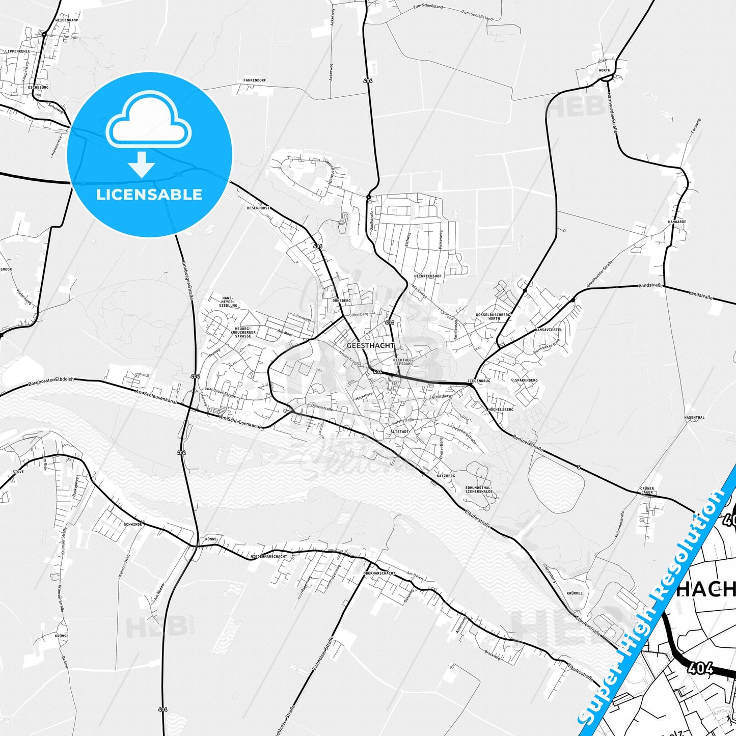 Geesthacht, Germany Light Map with Street Names, City Names, and Districts