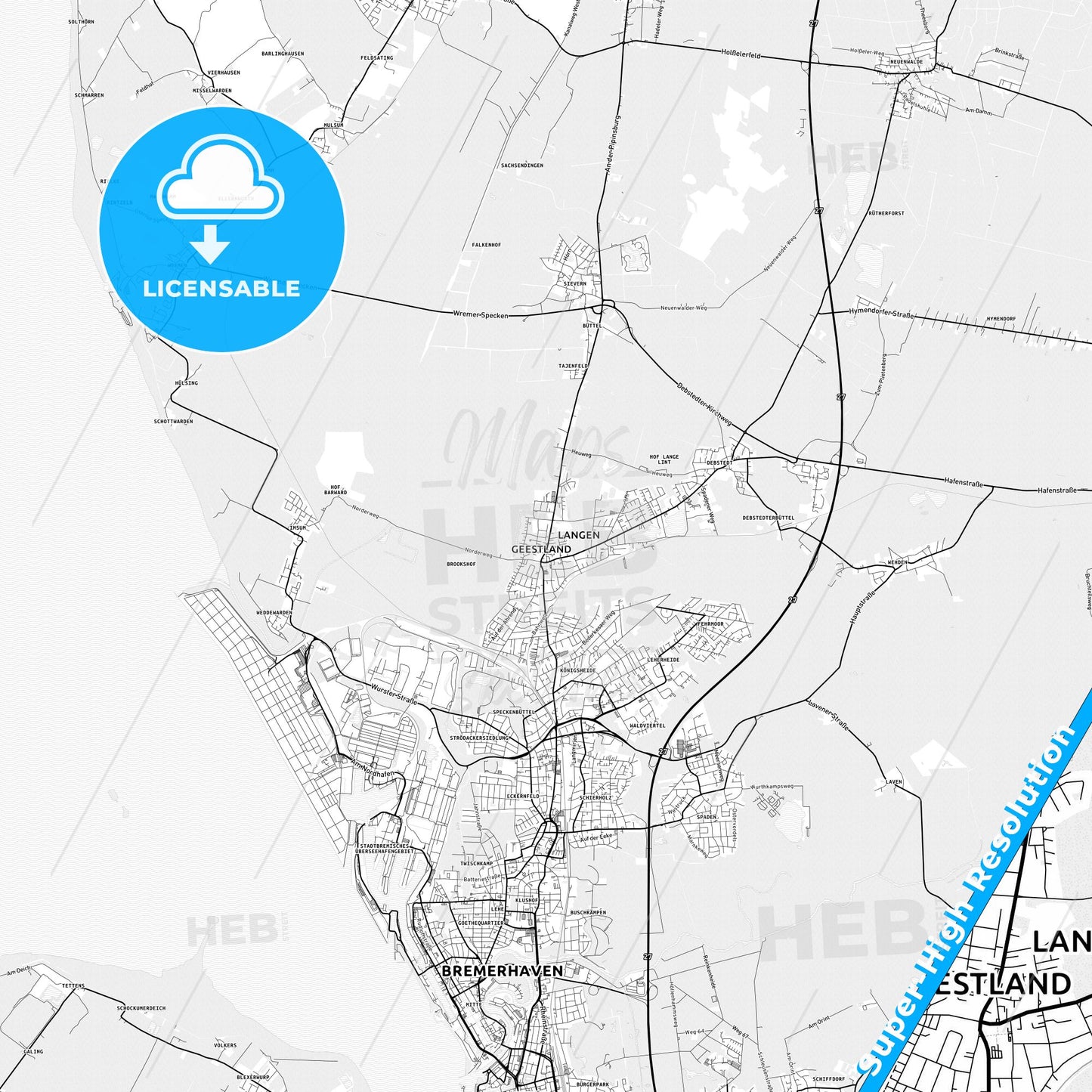 Geestland, Germany light map with streetnames, citynames and districts