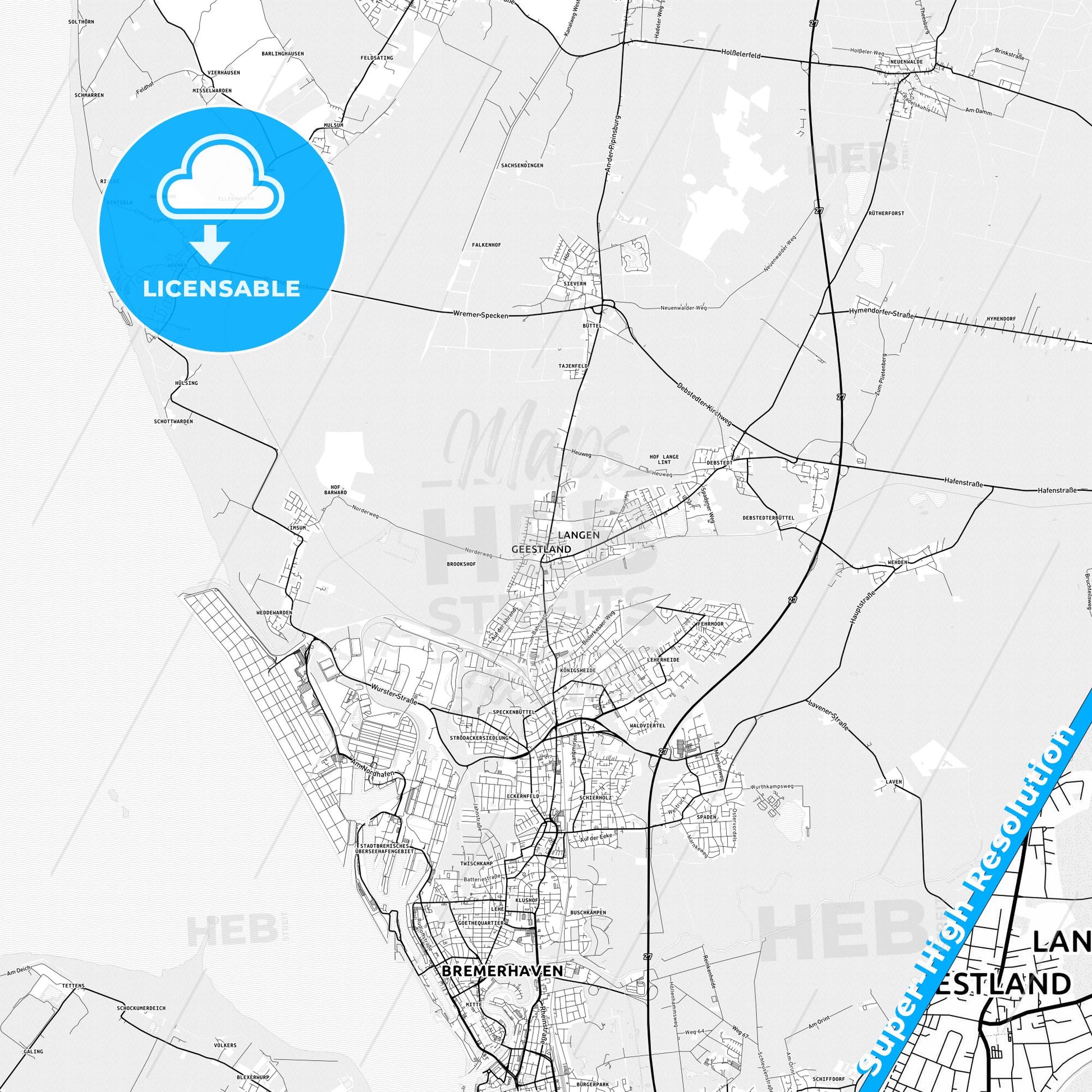 Geestland, Germany light map with streetnames, citynames and districts