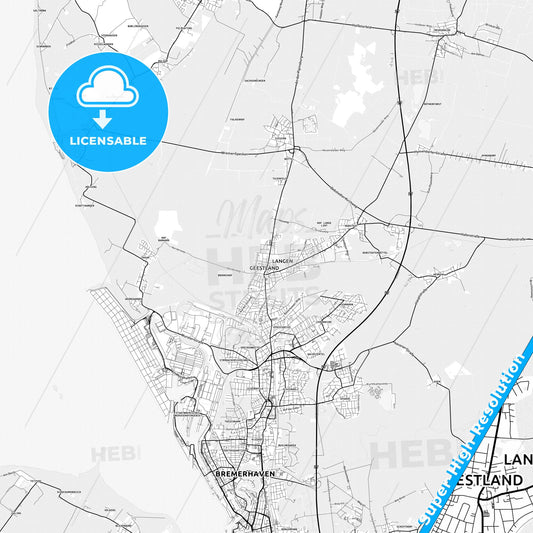 Geestland, Germany light map with streetnames, citynames and districts
