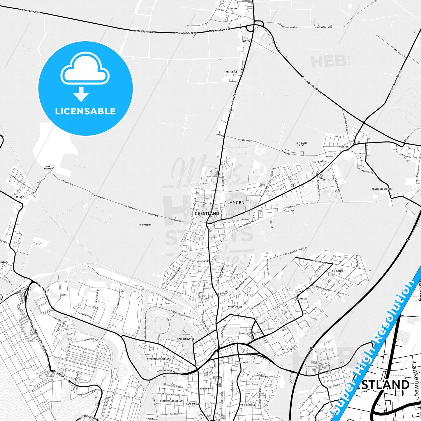 Geestland, Germany Light Map with Street Names, City Names, and Districts