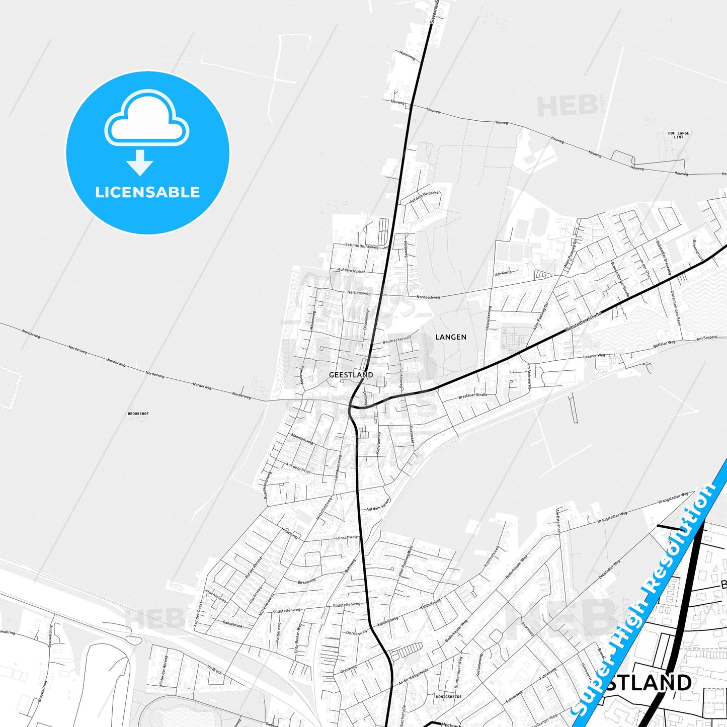 Geestland, Germany Light Map with Street Names, City Names, and Districts