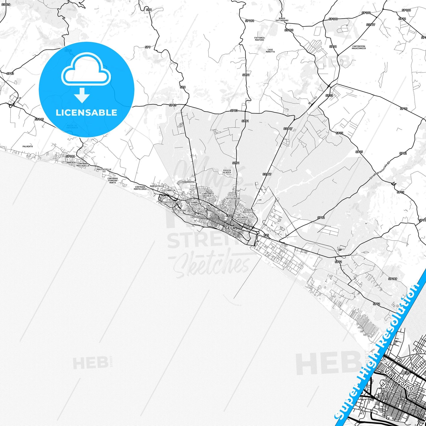 Gela, Italy light map with streetnames, citynames and districts