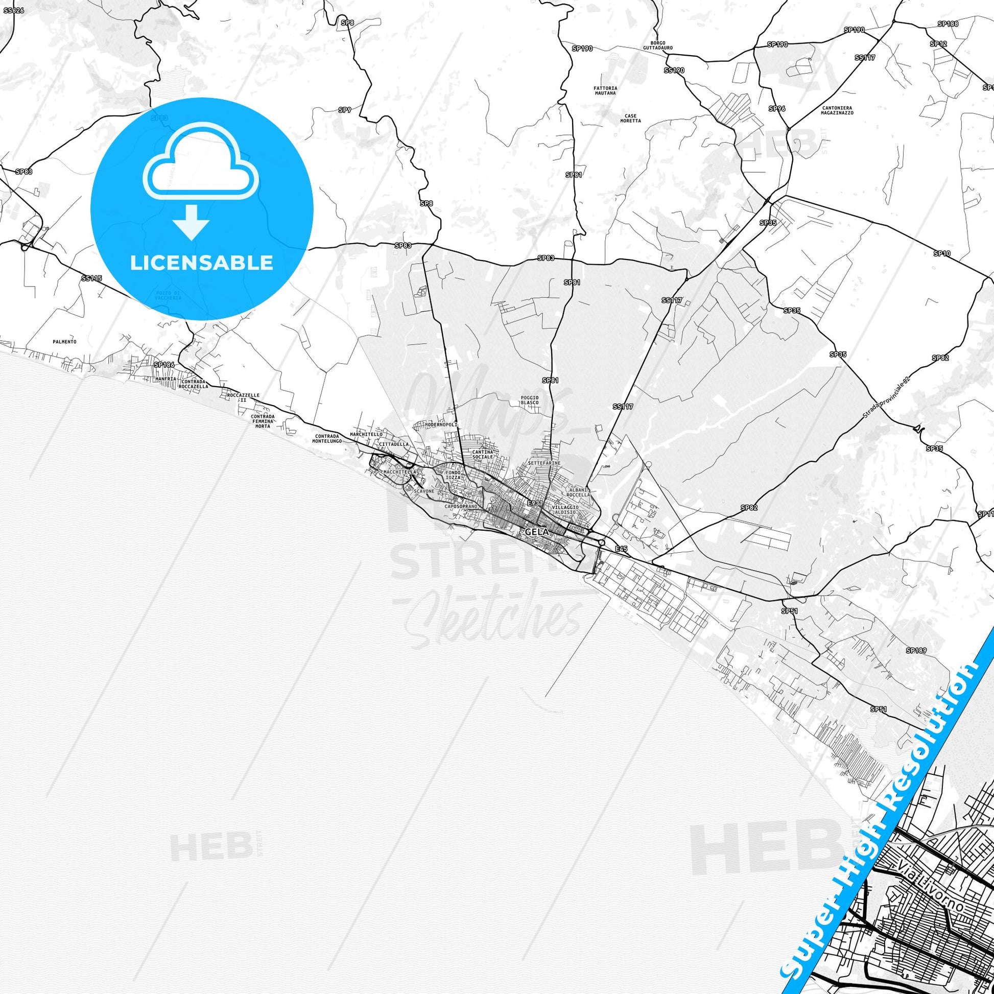 Gela, Italy light map with streetnames, citynames and districts