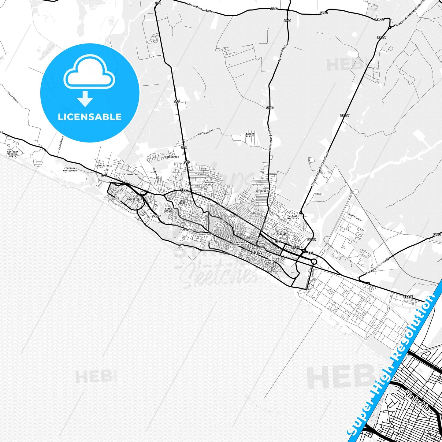 Gela, Italy Light Map with Street Names, City Names, and Districts