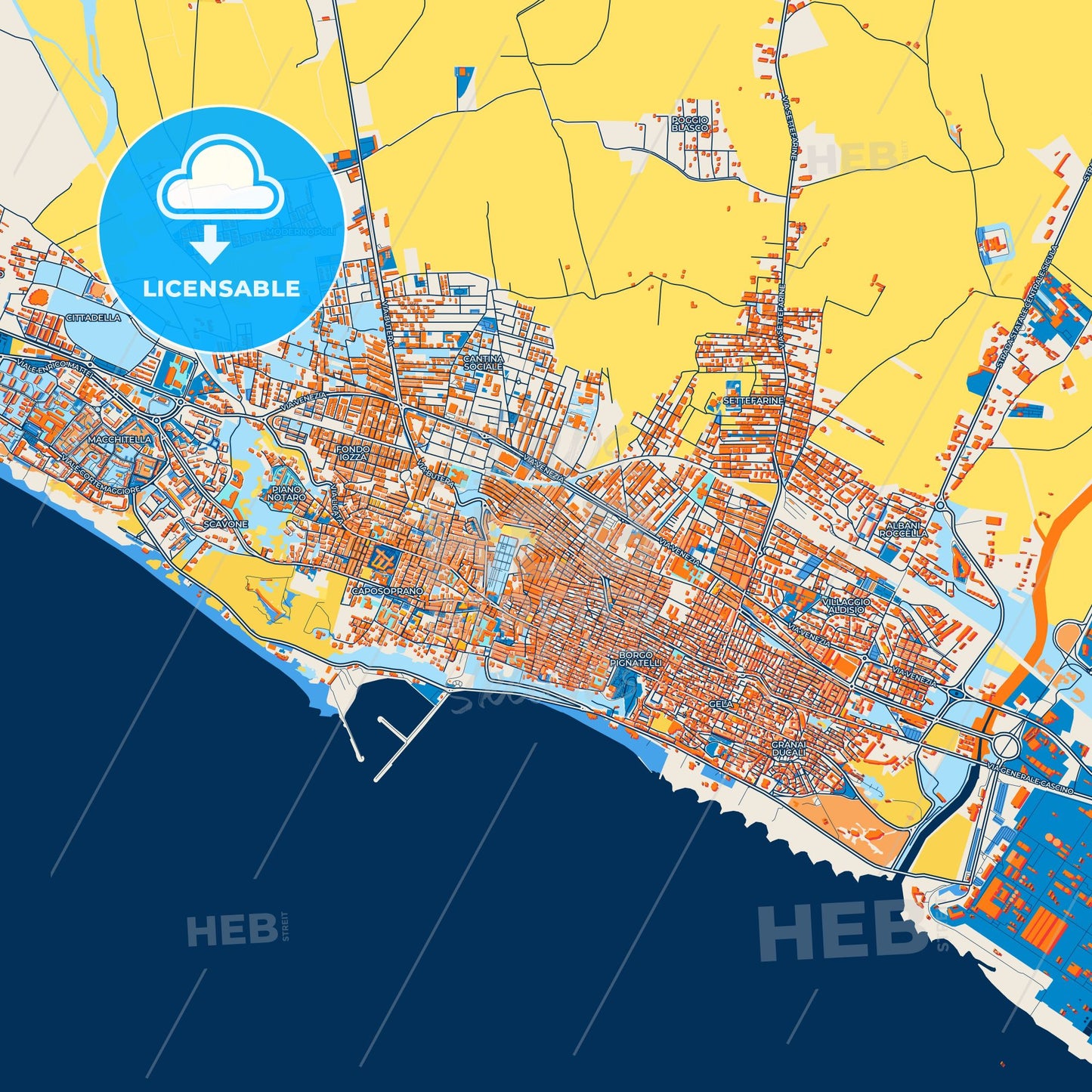 Colorful Gela Street Map with Labels and Buildings