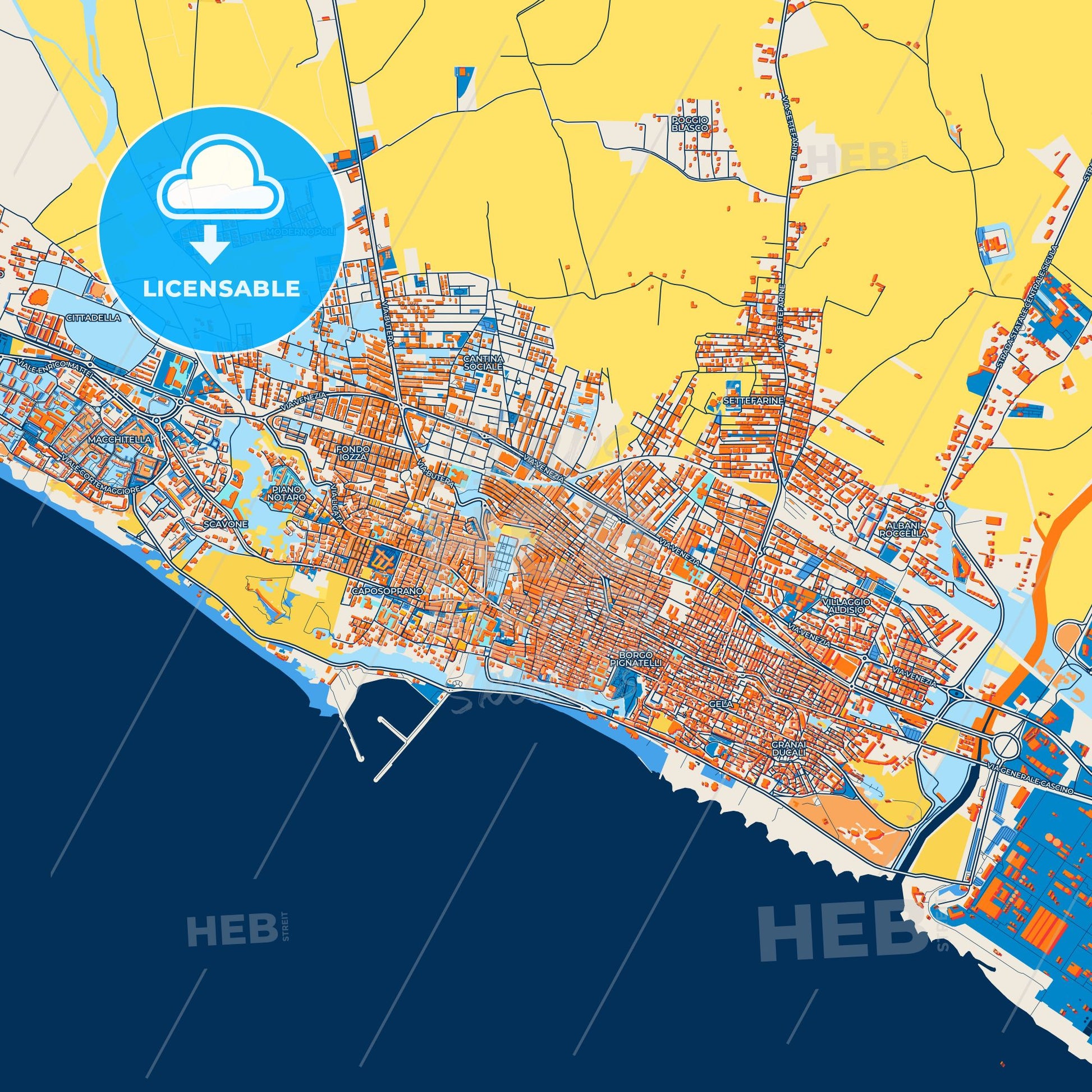 Colorful Gela Street Map with Labels and Buildings