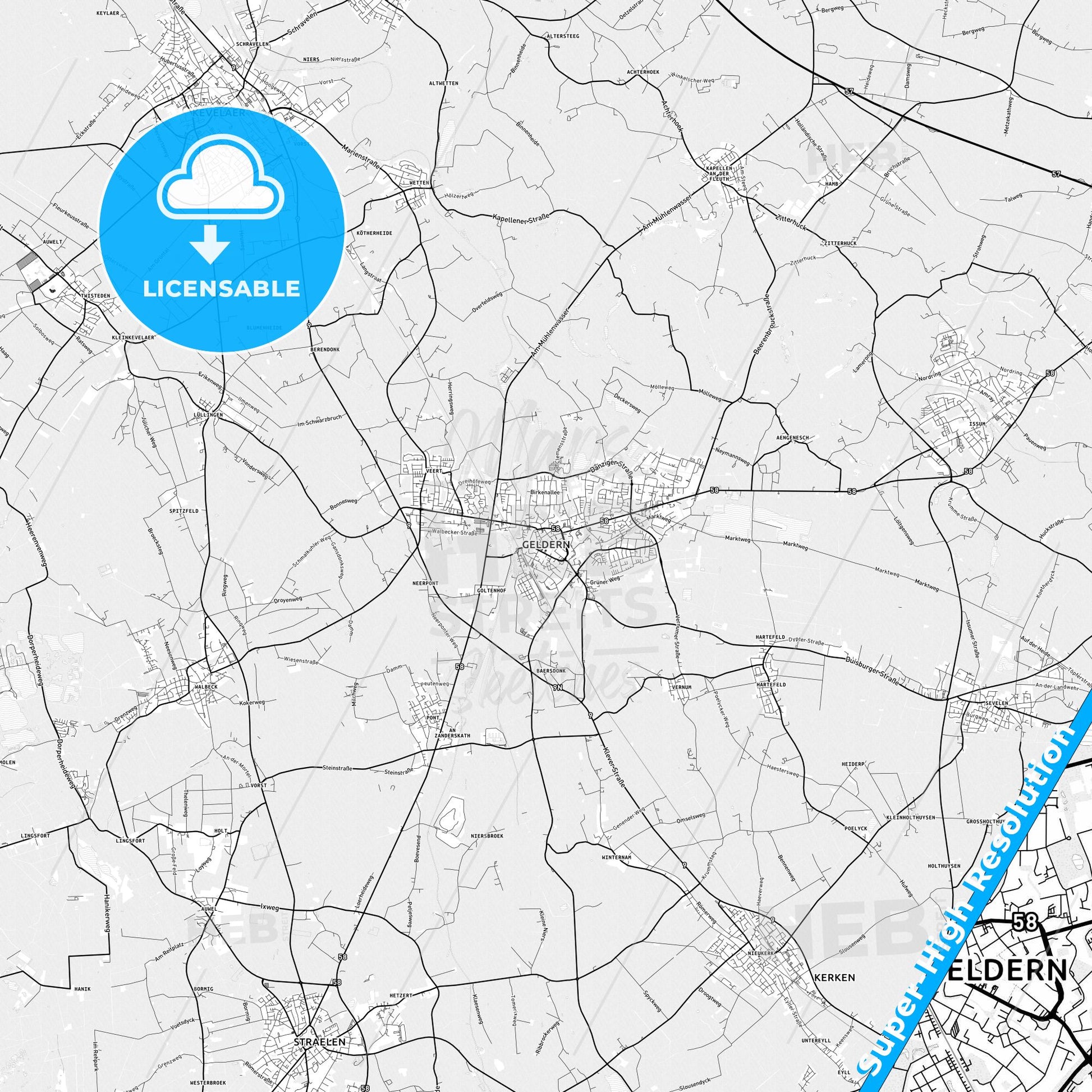 Geldern, Germany light map with streetnames, citynames and districts