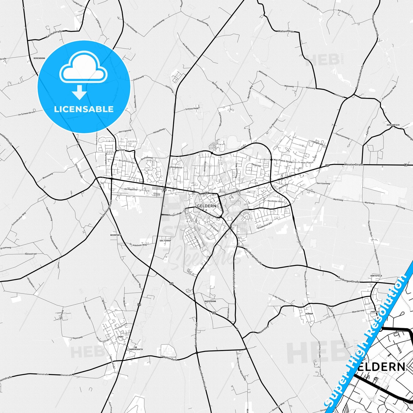 Geldern, Germany Light Map with Street Names, City Names, and Districts