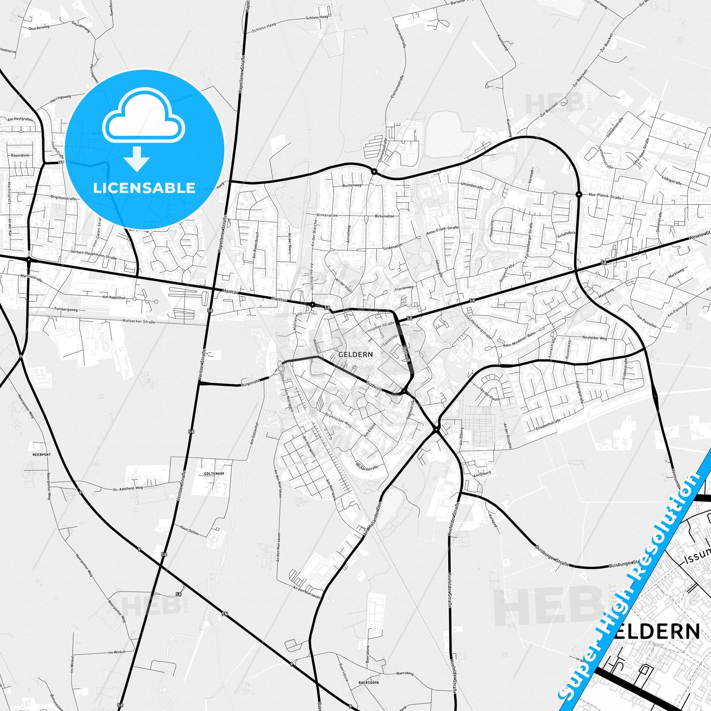 Geldern, Germany Light Map with Street Names, City Names, and Districts