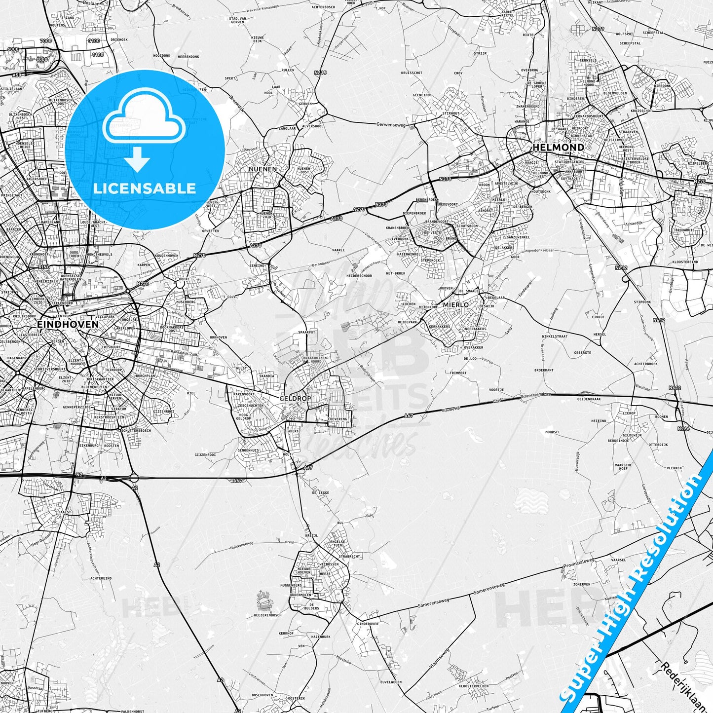 Geldrop-Mierlo, Netherlands light map with streetnames, citynames and districts