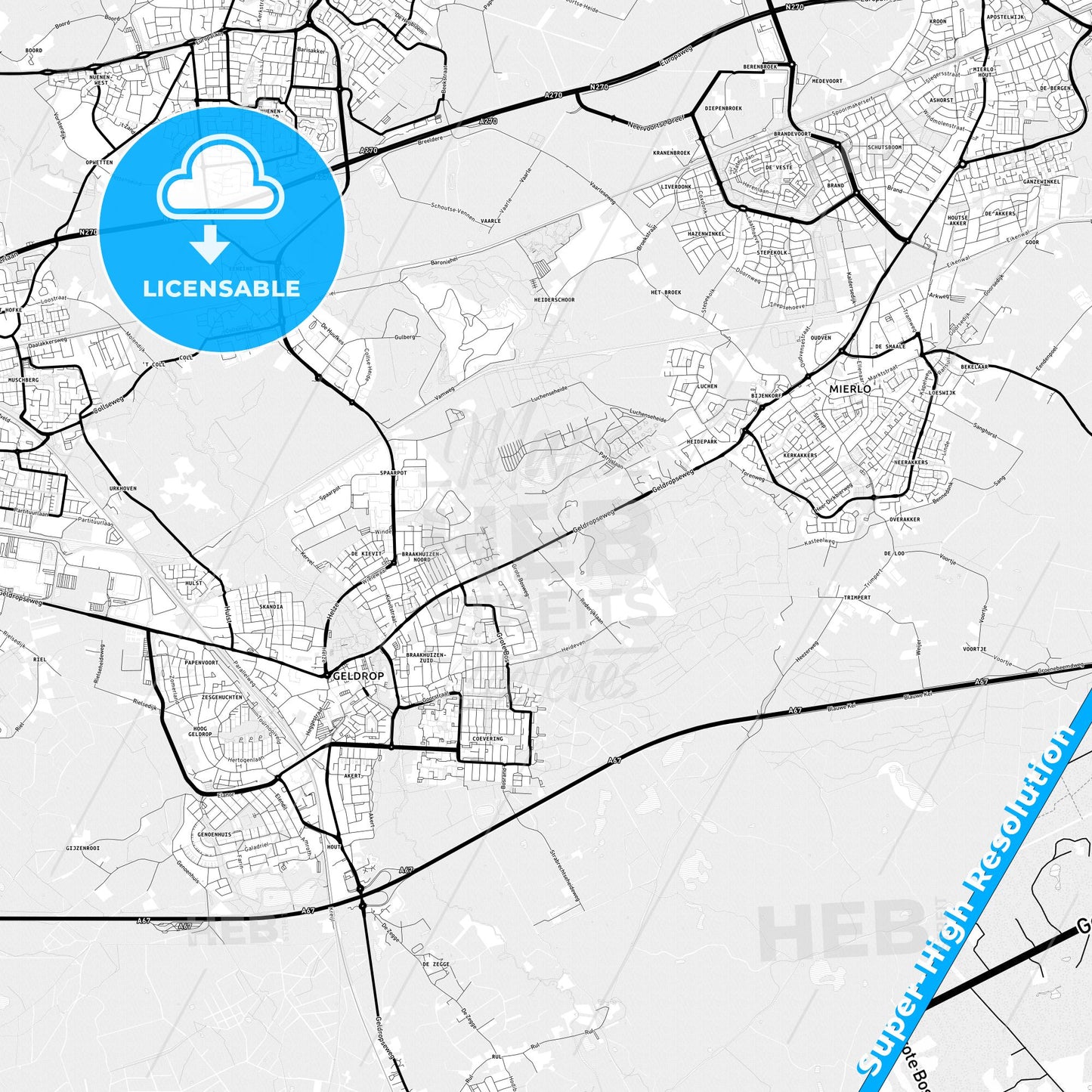 Geldrop-Mierlo, Netherlands Light Map with Street Names, City Names, and Districts