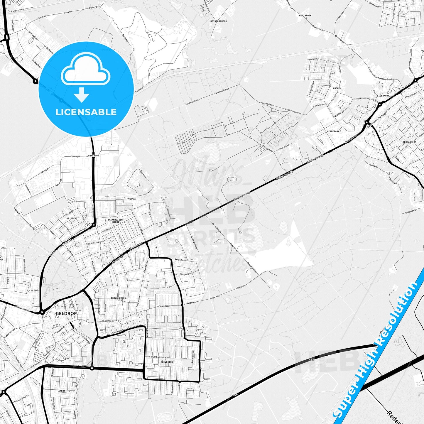 Geldrop-Mierlo, Netherlands Light Map with Street Names, City Names, and Districts