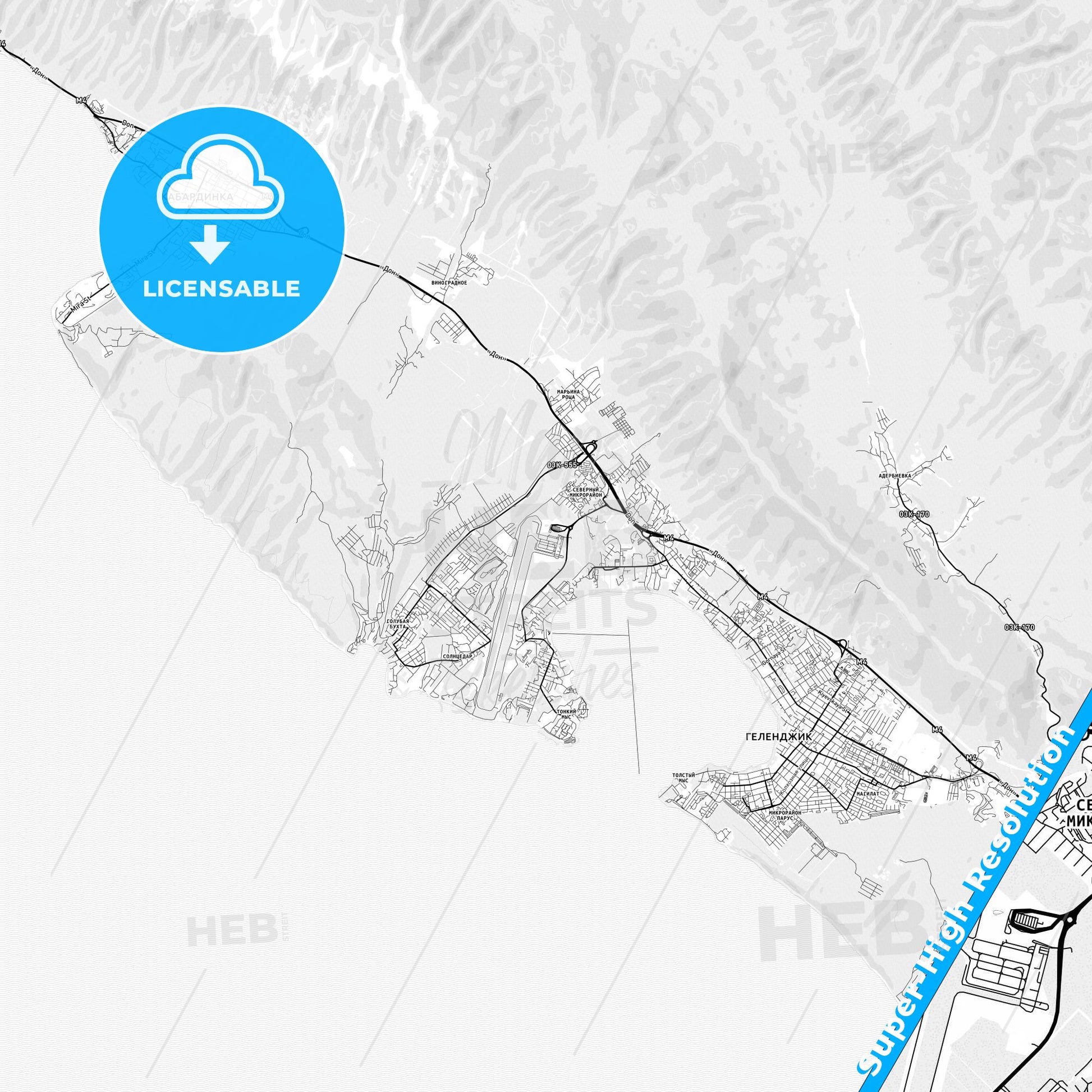 Gelendzhik, Russia light map with streetnames, citynames and districts
