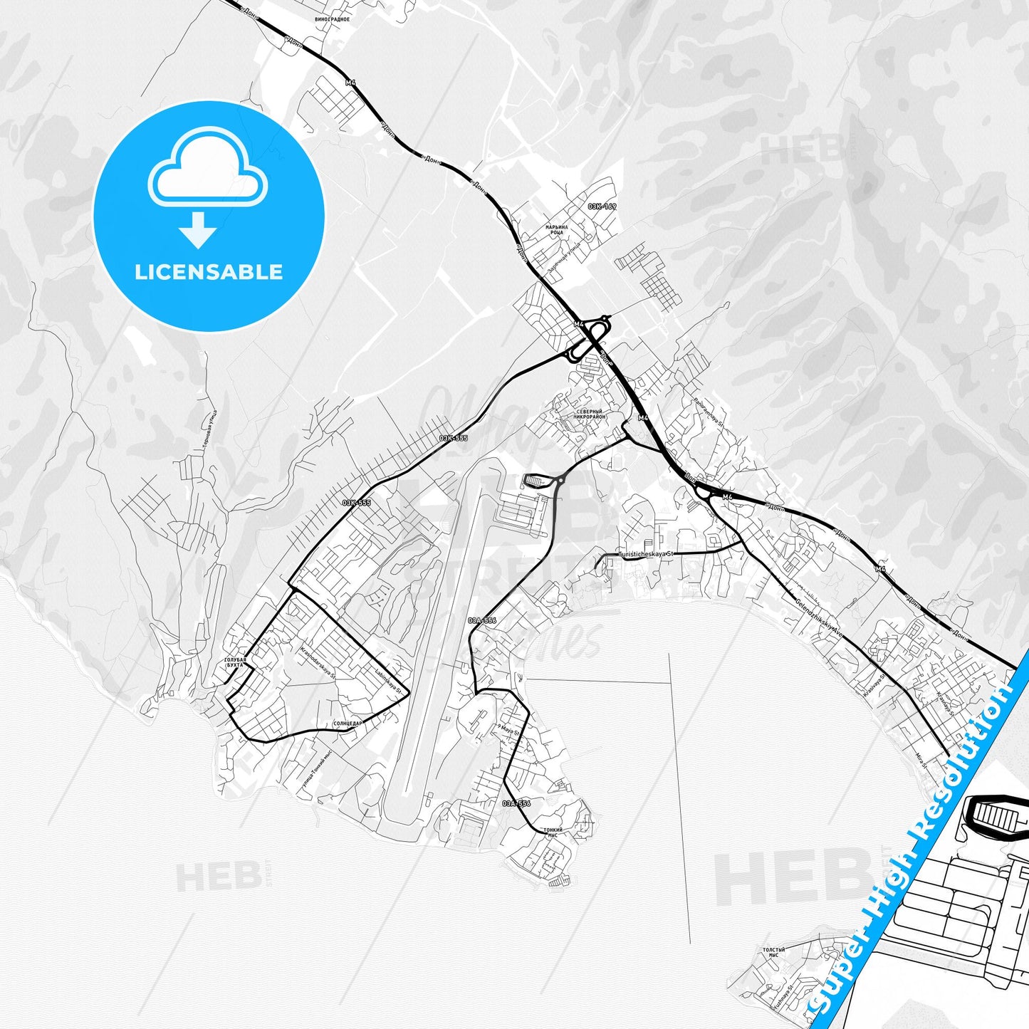 Gelendzhik, Russia Light Map with Street Names, City Names, and Districts
