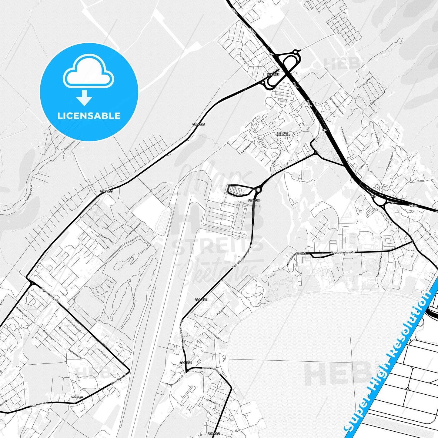 Gelendzhik, Russia Light Map with Street Names, City Names, and Districts