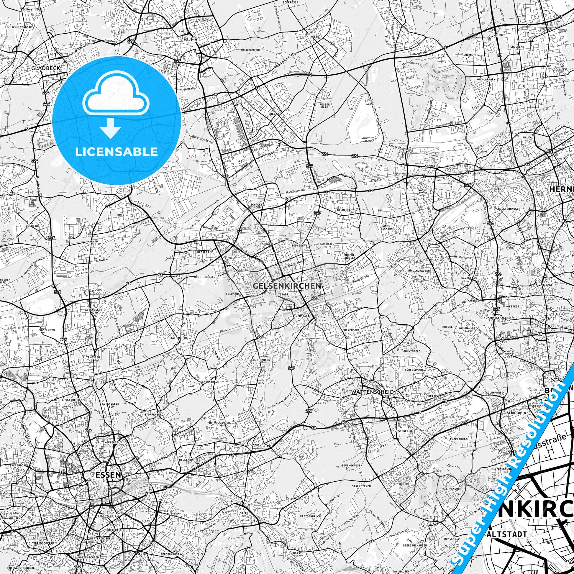 Gelsenkirchen, Germany light map with streetnames, citynames and districts
