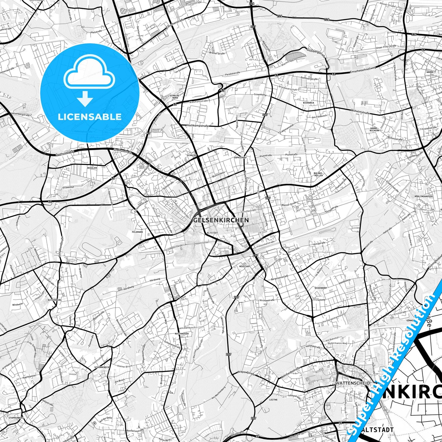Gelsenkirchen, Germany Light Map with Street Names, City Names, and Districts