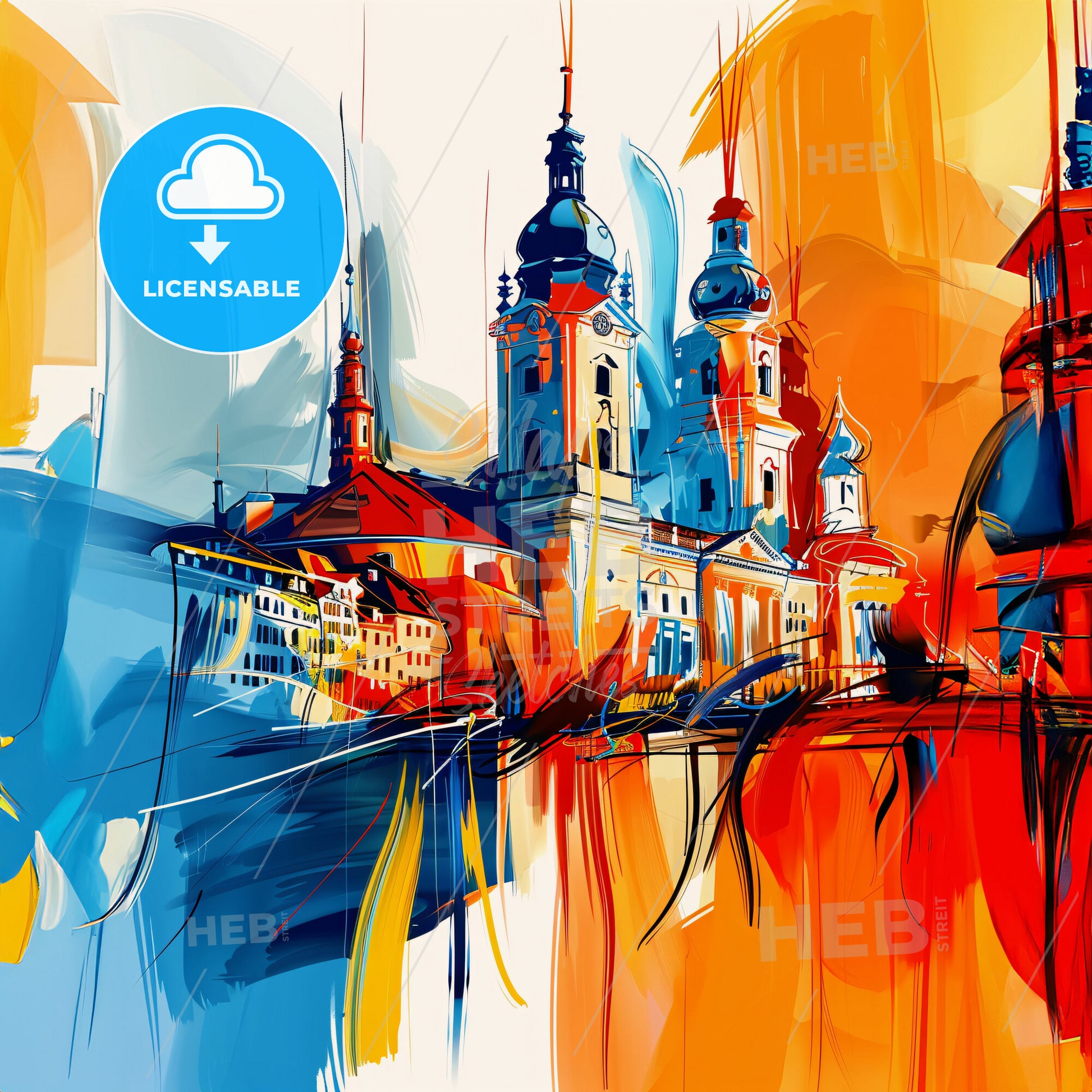 Vibrant Gelsenkirchen, Germany - A Painting Of A Building With Towers And A Colorful Background