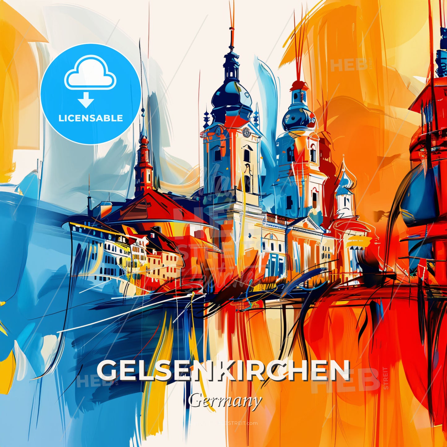 Vibrant Gelsenkirchen, Germany - A Painting Of A Building With Towers And A Colorful Background - Square format print template