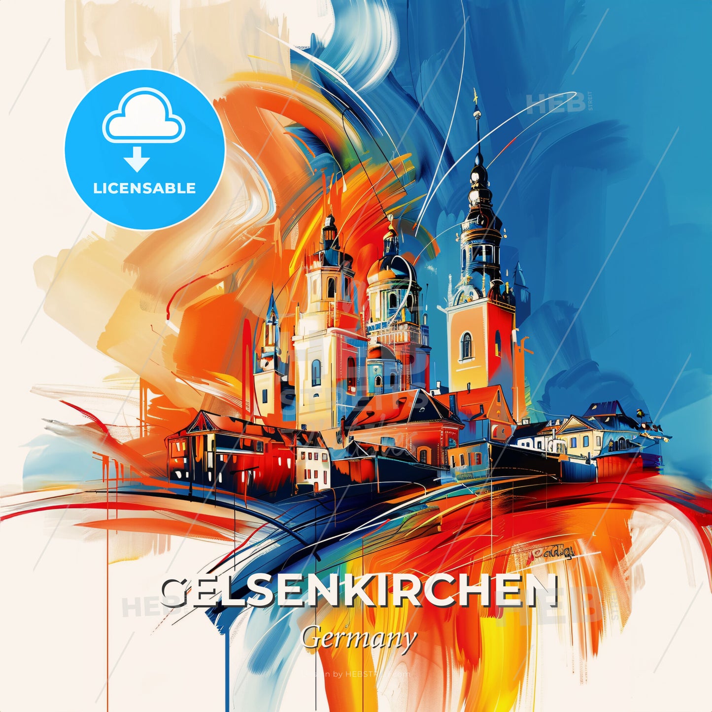 Vibrant Gelsenkirchen, Germany - A Painting Of A Building With Towers And A Colorful Background - Square format print template