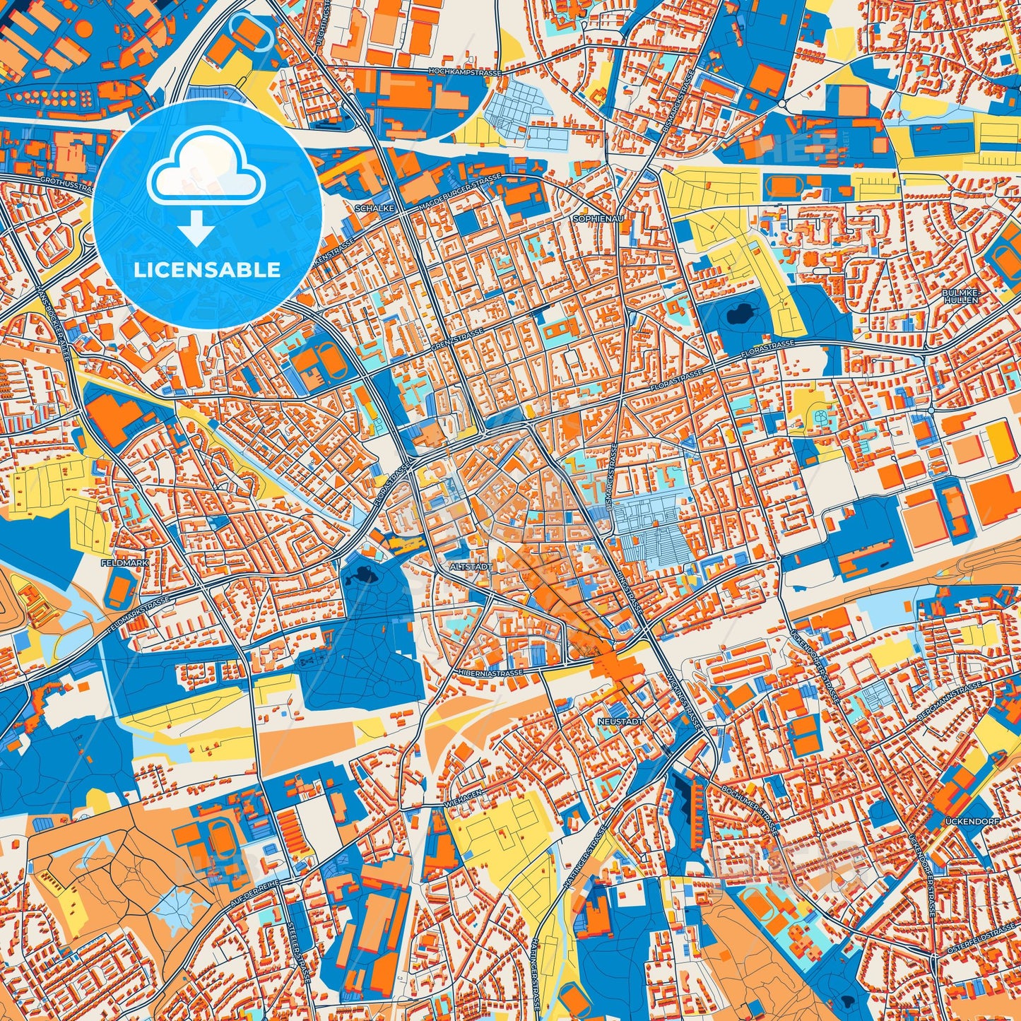 Colorful Gelsenkirchen Street Map with Labels and Buildings