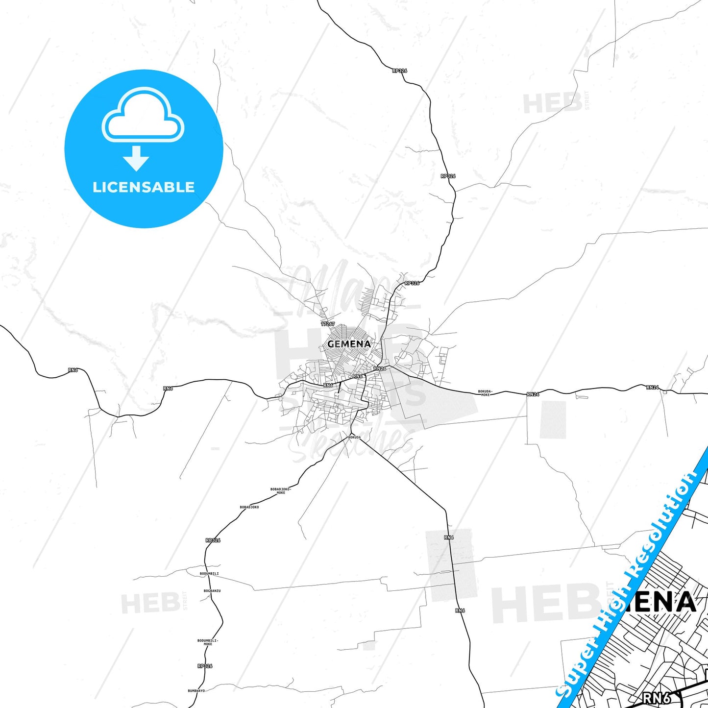 Gemena, DR Congo light map with streetnames, citynames and districts