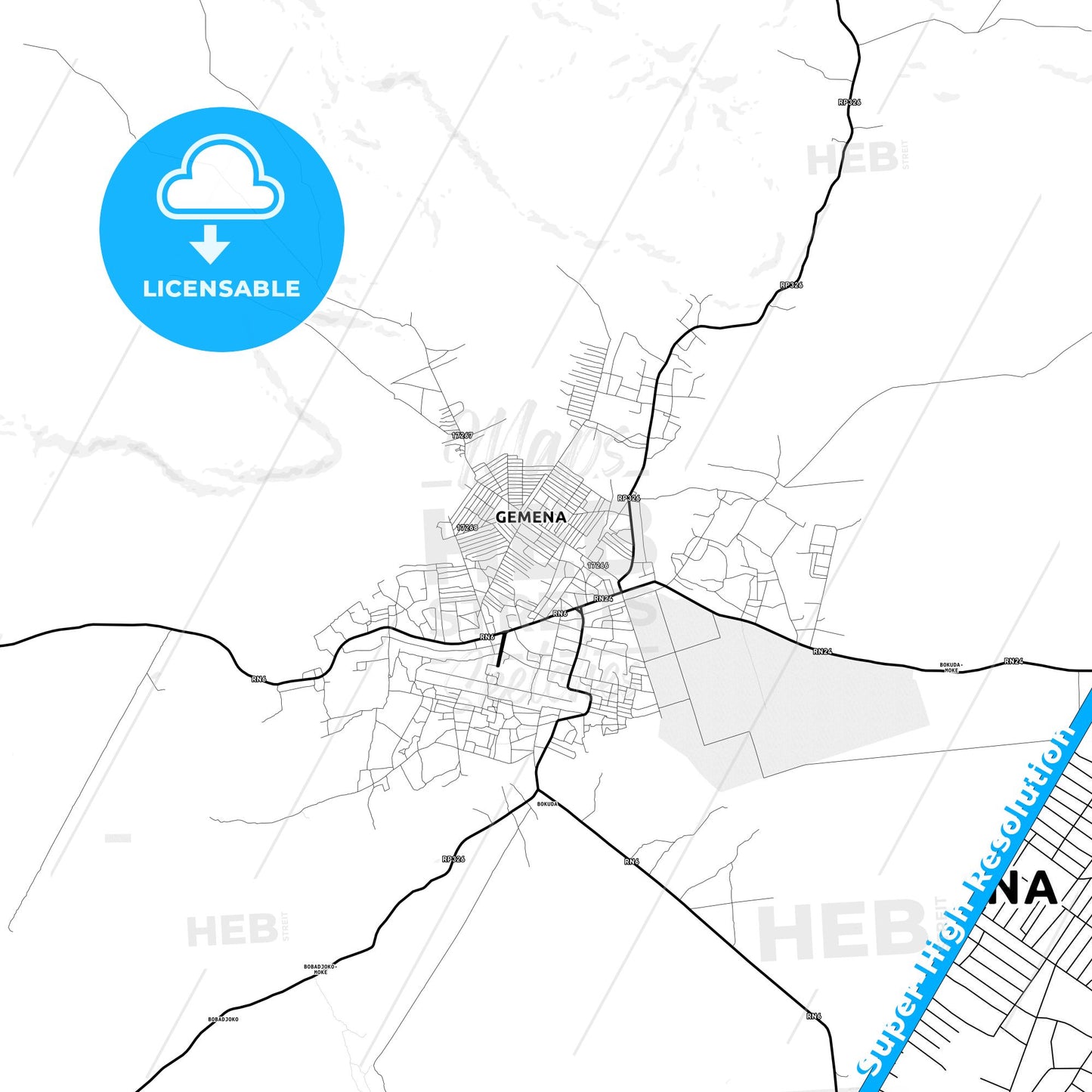 Gemena, DR Congo Light Map with Street Names, City Names, and Districts