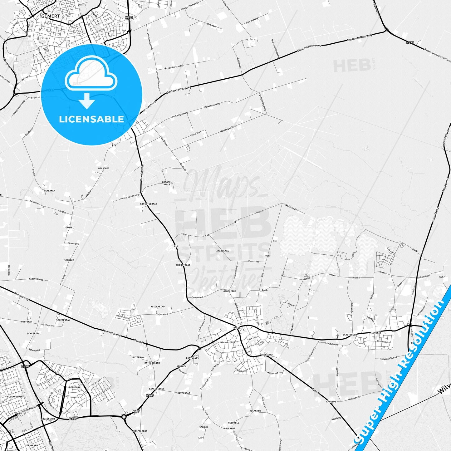 Gemert-Bakel, Netherlands Light Map with Street Names, City Names, and Districts