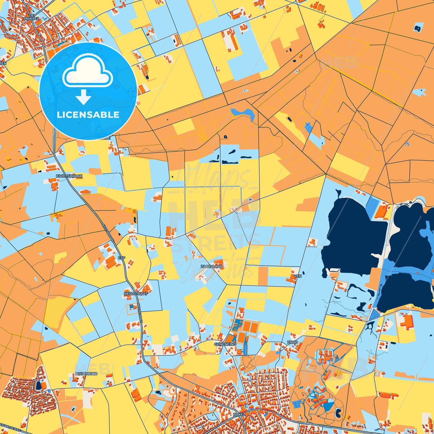 Colorful Gemert-Bakel Street Map with Labels and Buildings